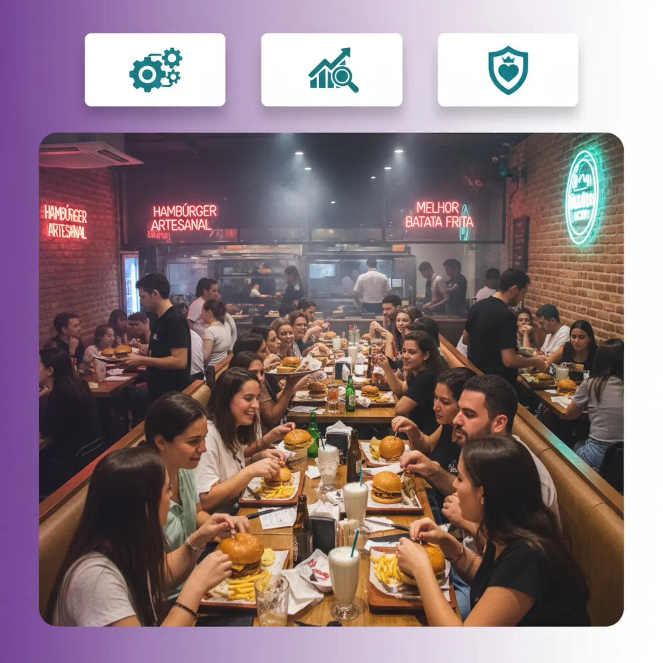 Hamburgueria movimentada simbolizando atendimento e fidelização de clientes.