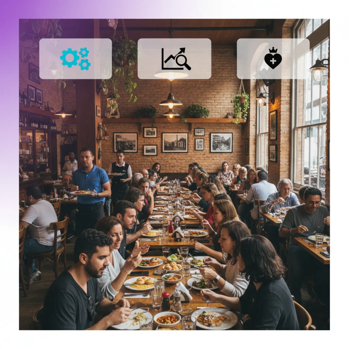 Restaurante movimentado em São Paulo com ícones de fidelidade e automação.