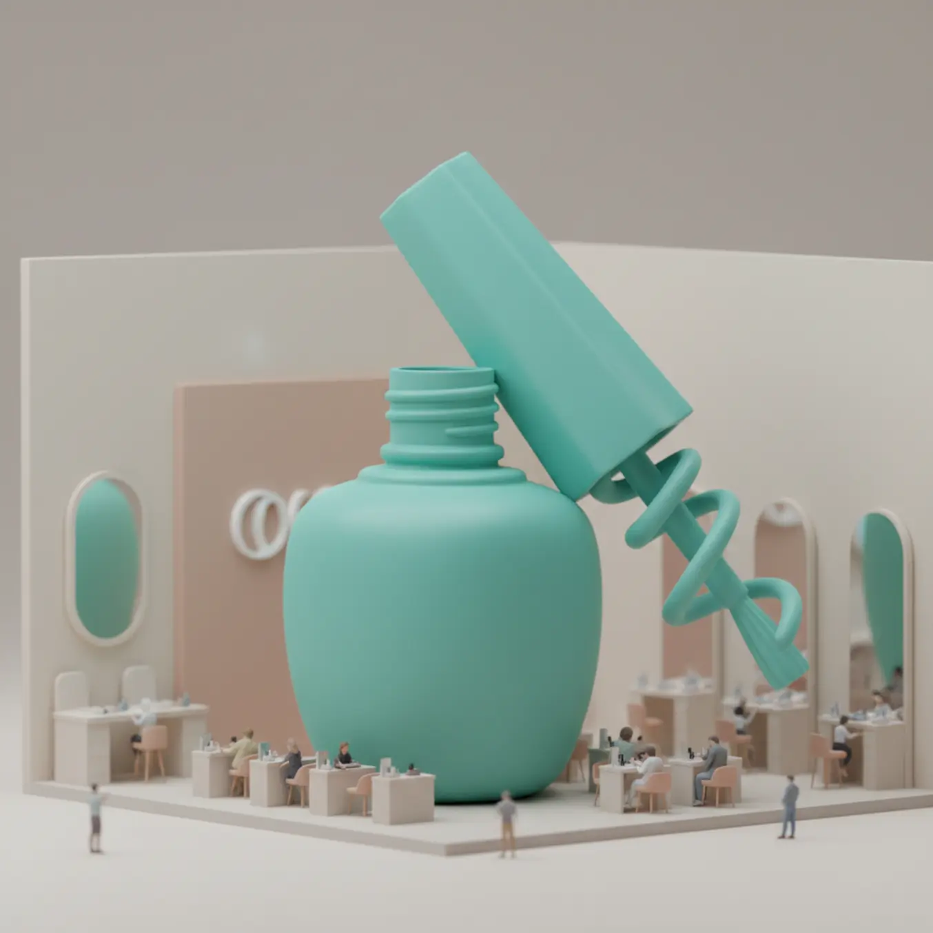 Frasco de esmalte 3D verde ciano destaque cenário minimalista esmalteria.