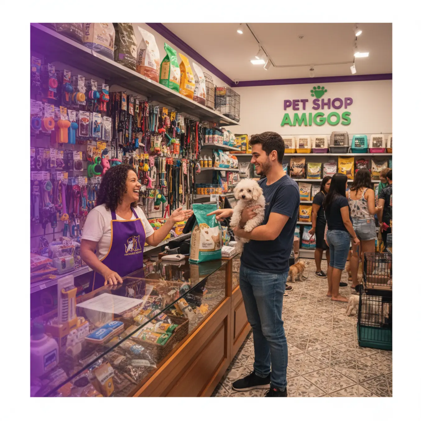 Atendimento personalizado em pet shop com produtos organizados e cliente satisfeito