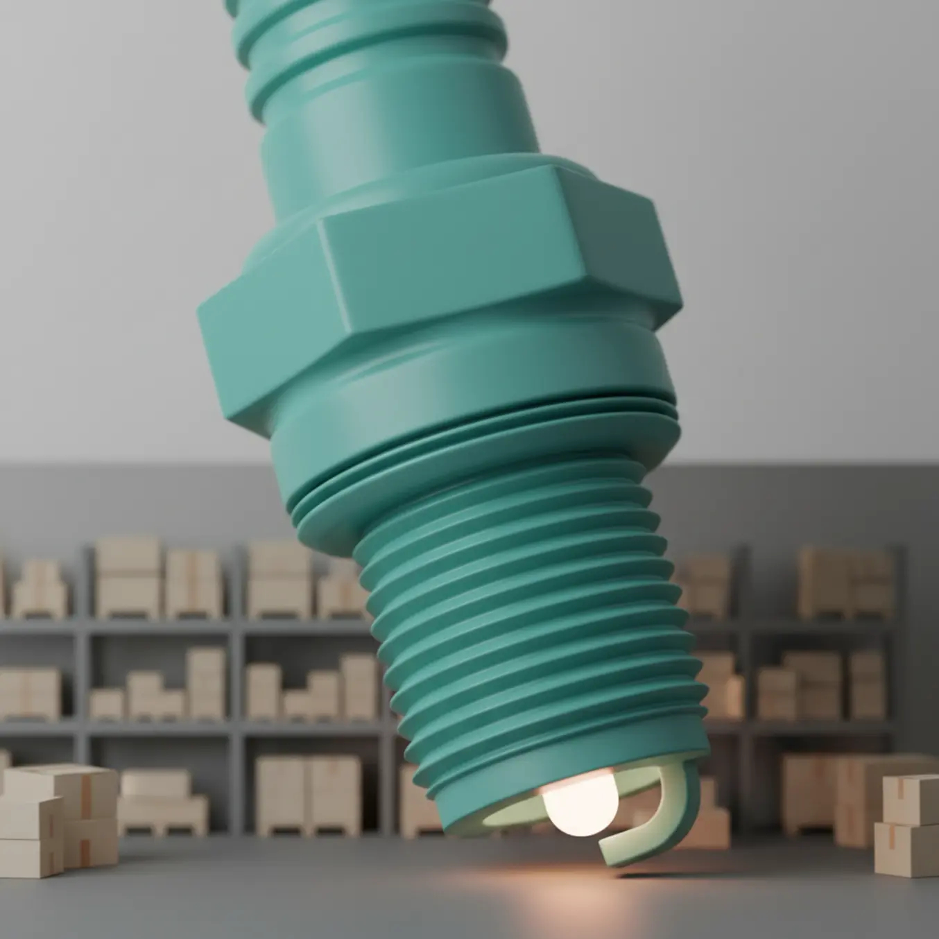 Vela de ignição 3D gigante ciano em armazém de auto peças desfocado