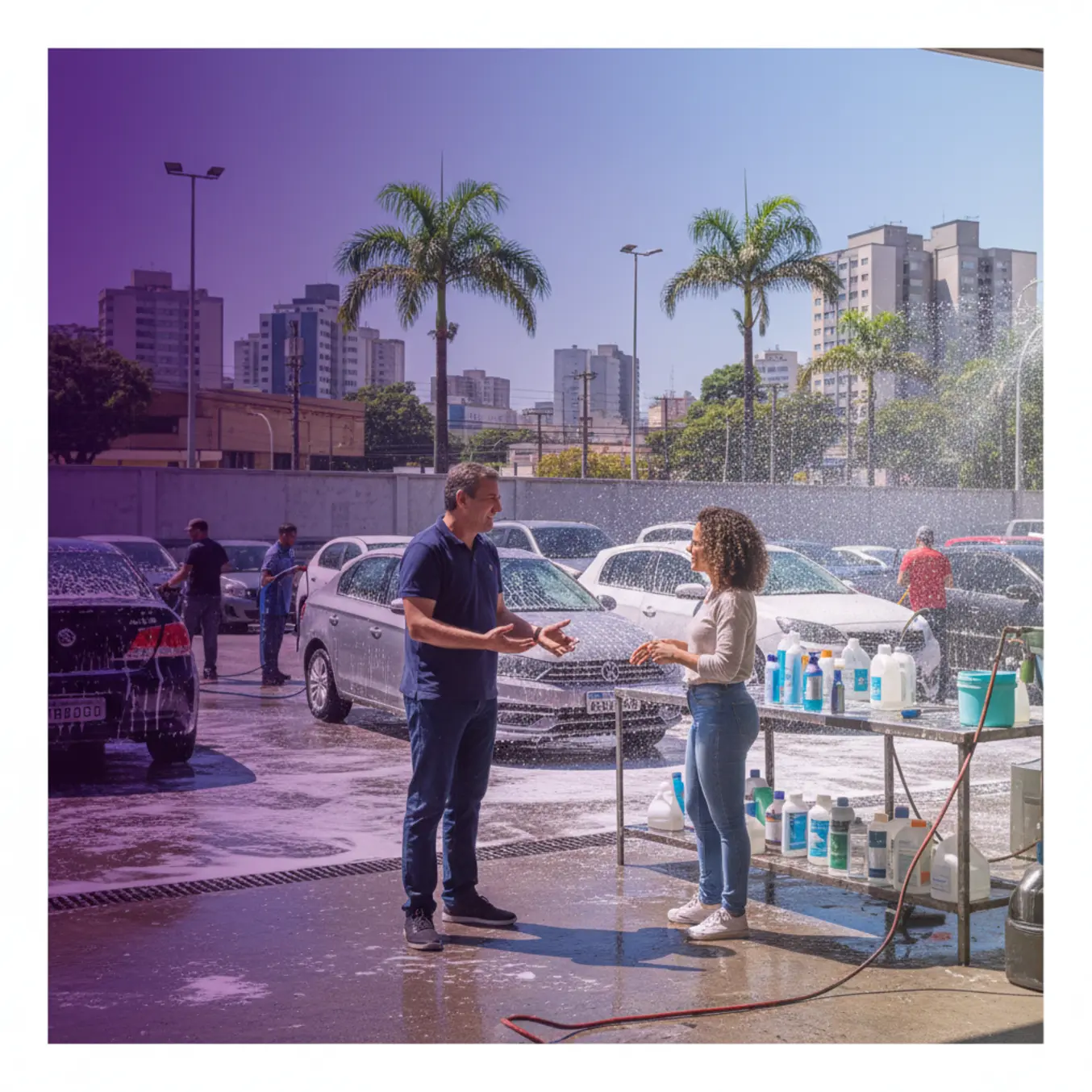 Dono de lava rápido conversando com cliente sobre fidelidade