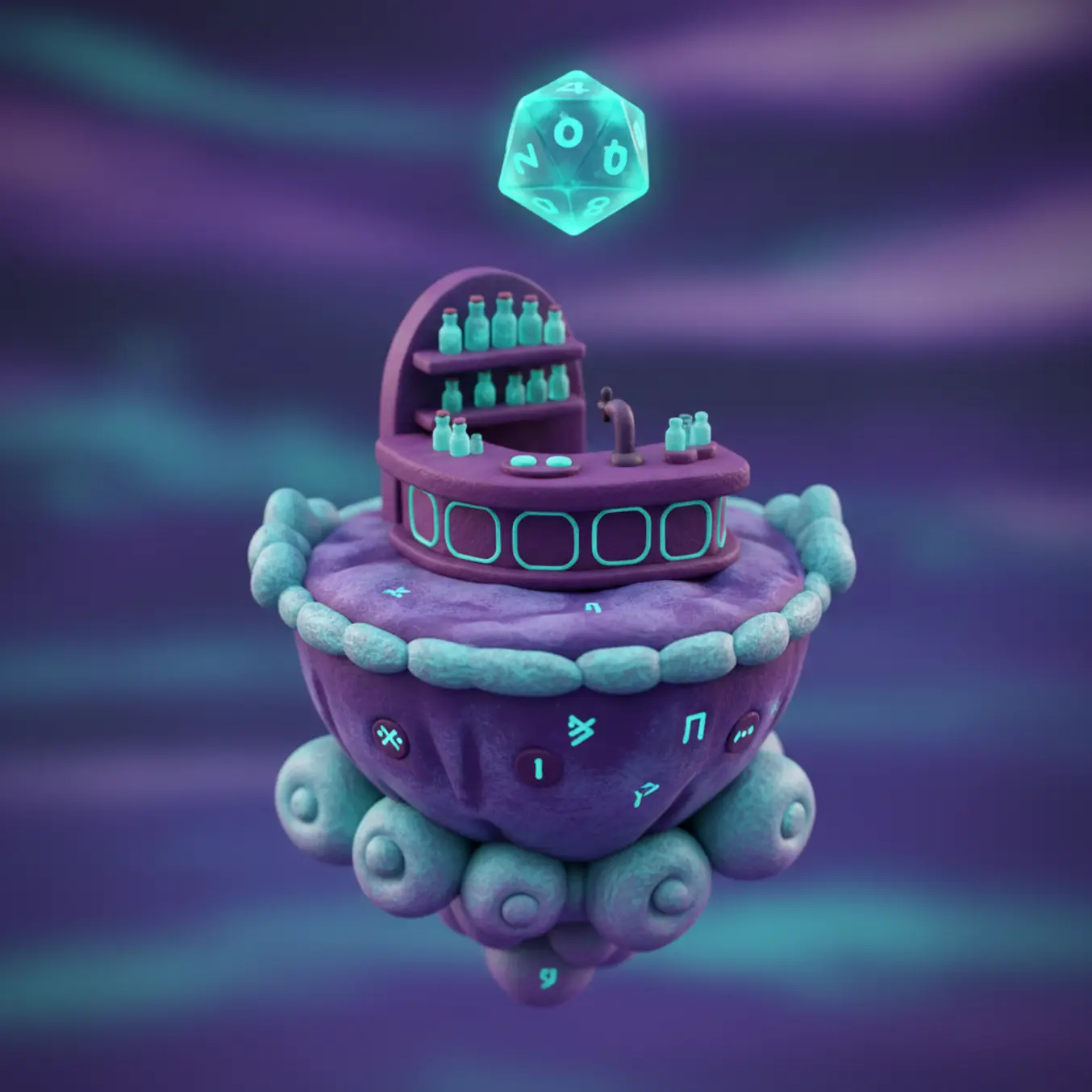 Ilustração 3D de bar com dado flutuante para promoções criativas