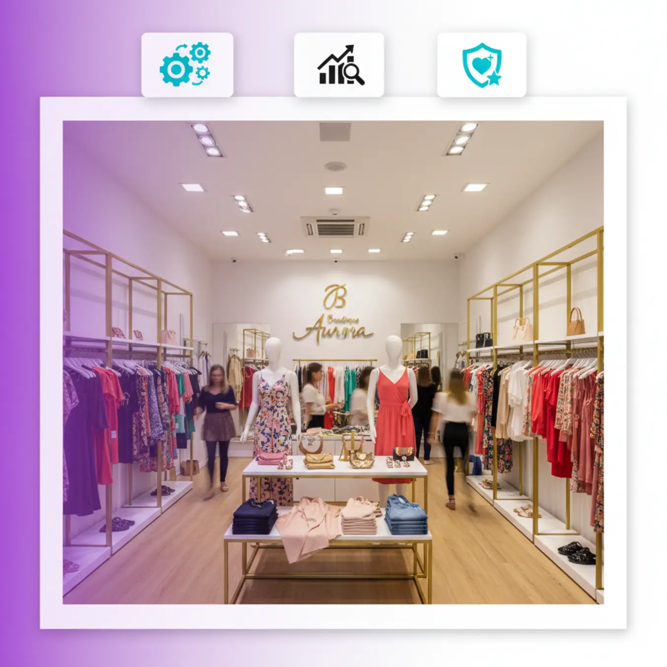 Loja feminina movimentada com ícones de gestão de fidelidade e lucro.