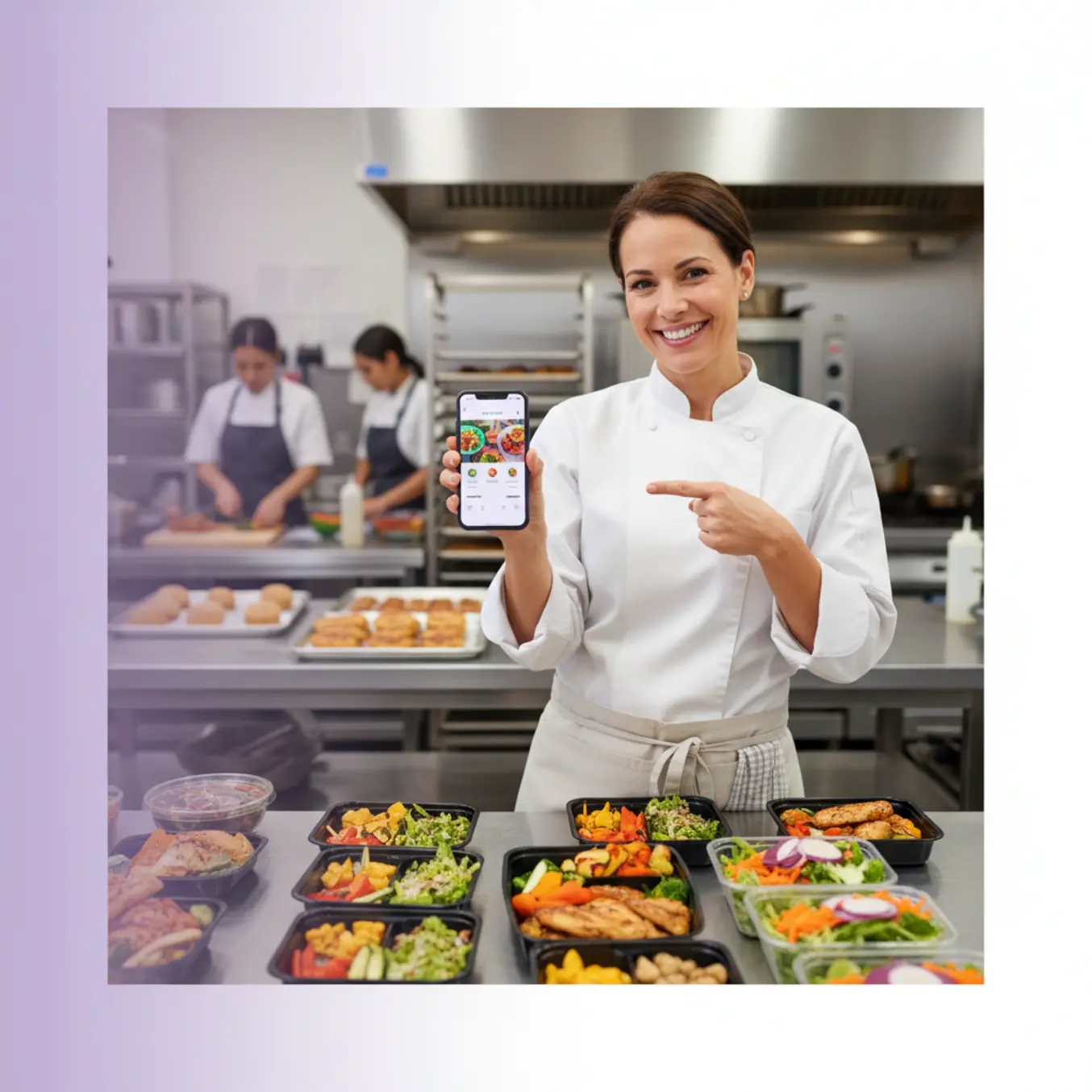 Dono de marmitaria sorrindo na cozinha mostrando celular com estratégia de fidelização