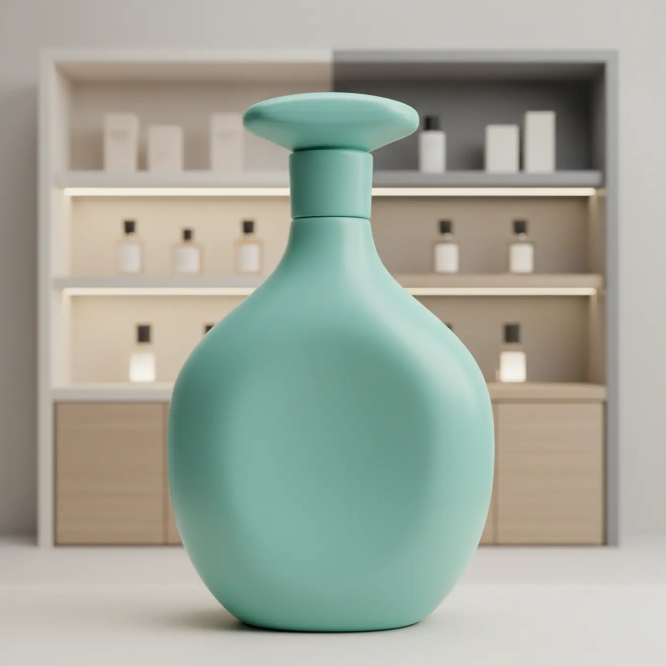 Frasco de perfume 3D verde gigante destaque em prateleira de luxo