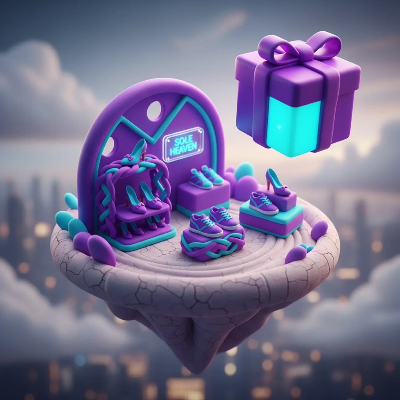 Ilustração 3D loja sapatos com caixa presente flutuante roxo