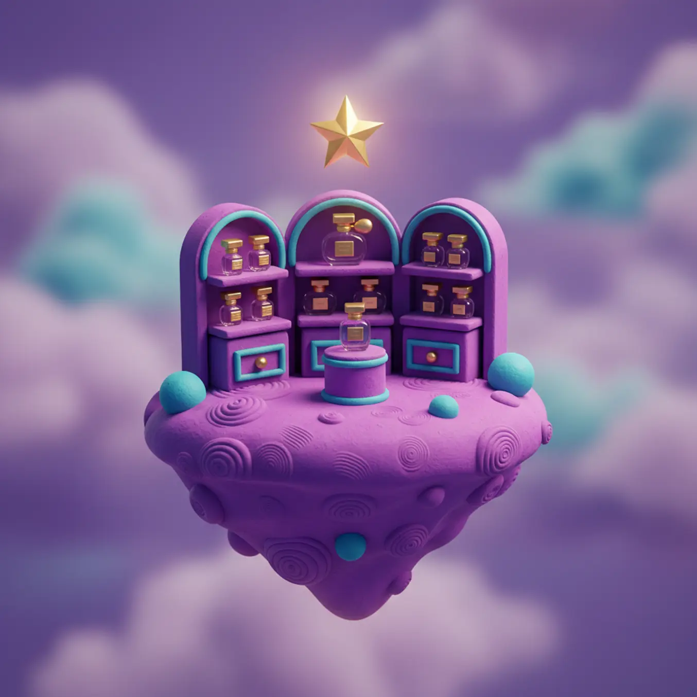 Diorama 3D de prateleira luxuosa com estrela dourada flutuante atraindo clientes