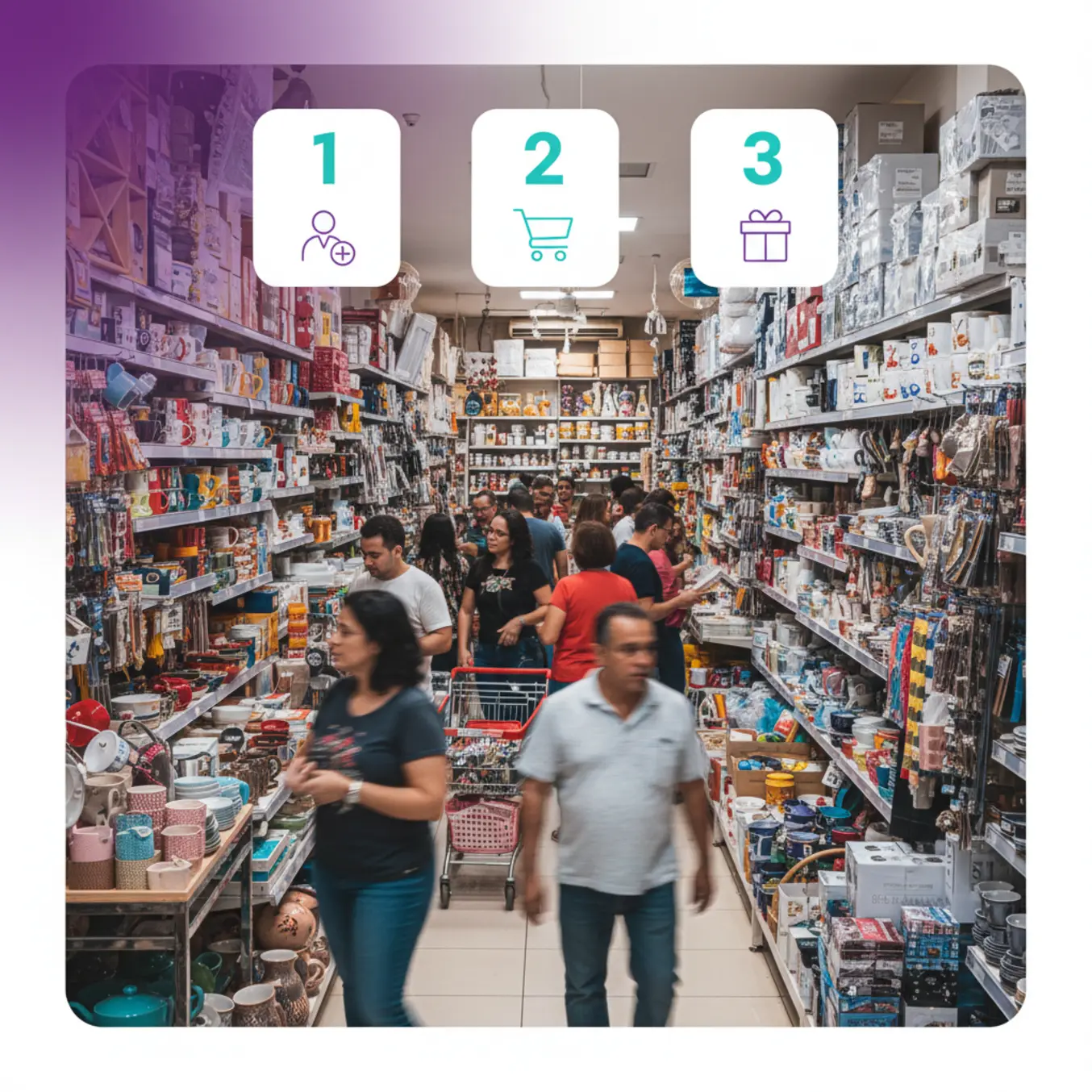 Loja de utilidades movimentada com clientes e painel de passos visuais