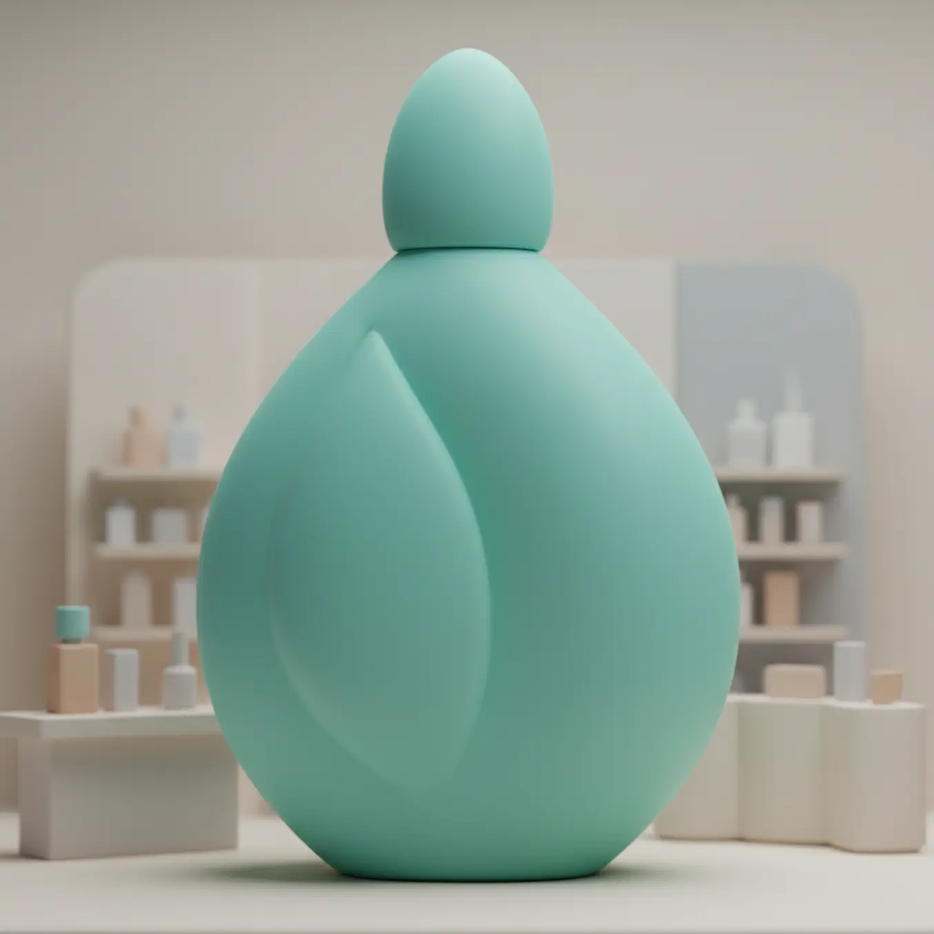 Frasco de perfume 3D gigante em cenário minimalista de perfumaria VIP