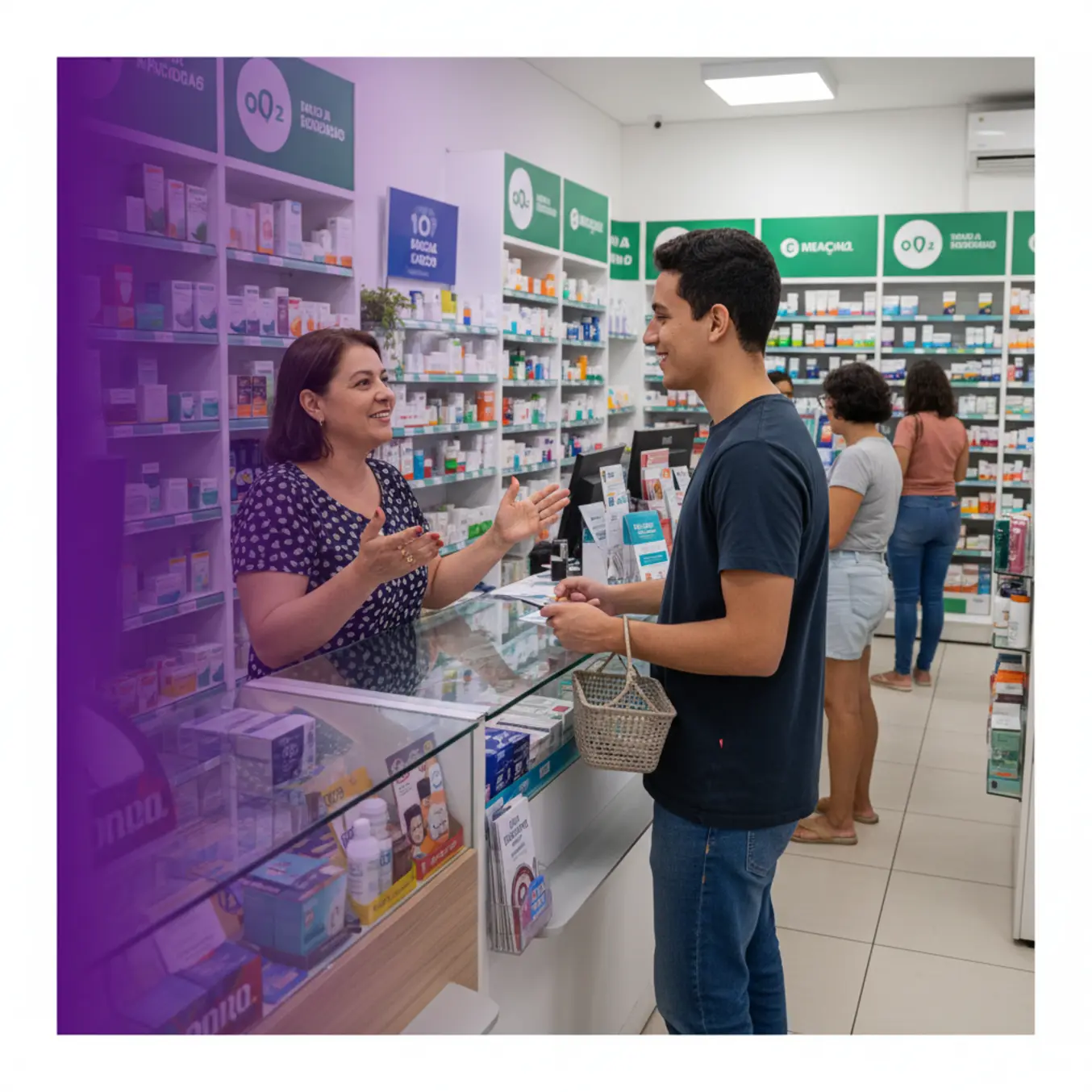 Farmacêutico interagindo com cliente no balcão de farmácia moderna para fidelização
