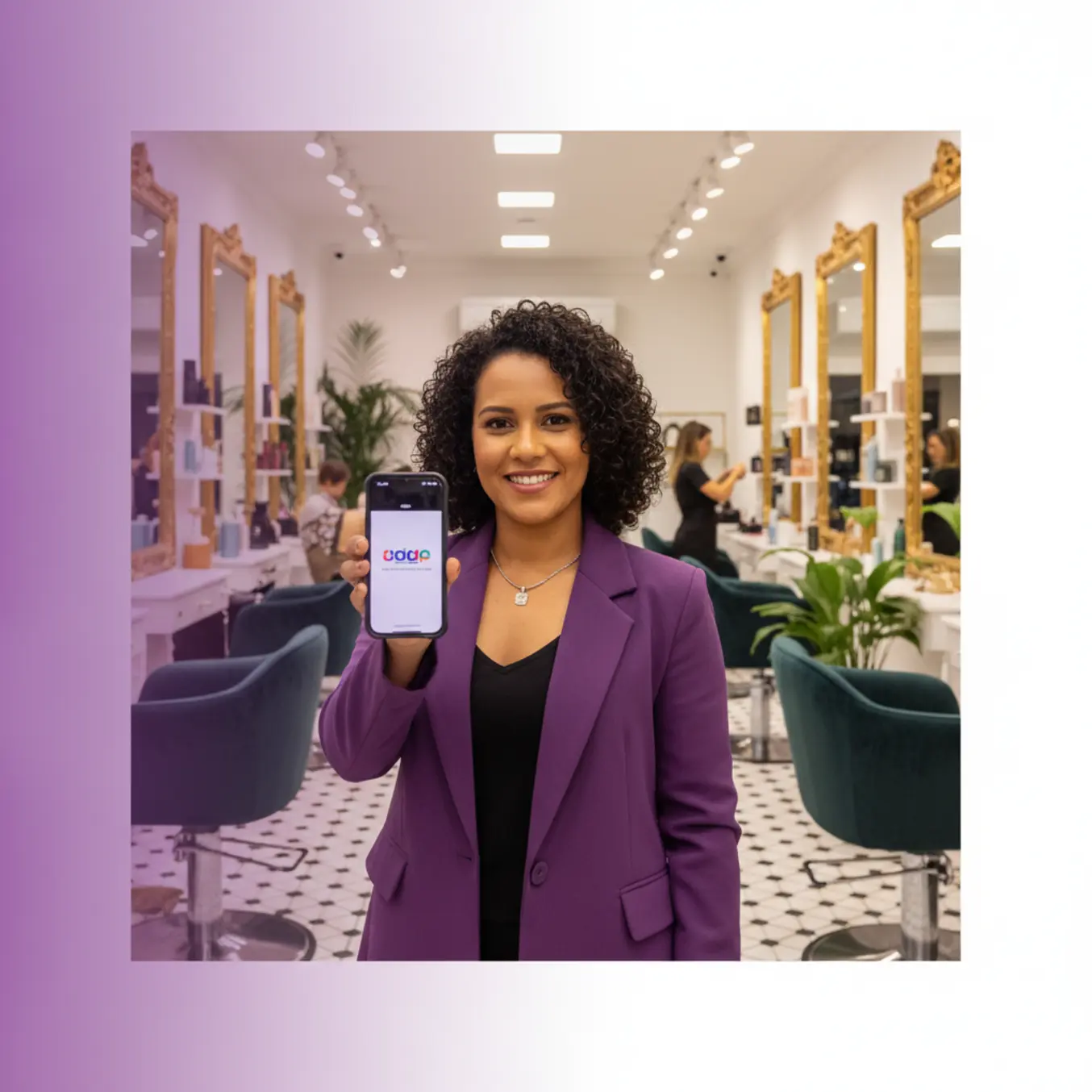 Dona de salão luxuoso mostrando celular com estratégia de clube VIP