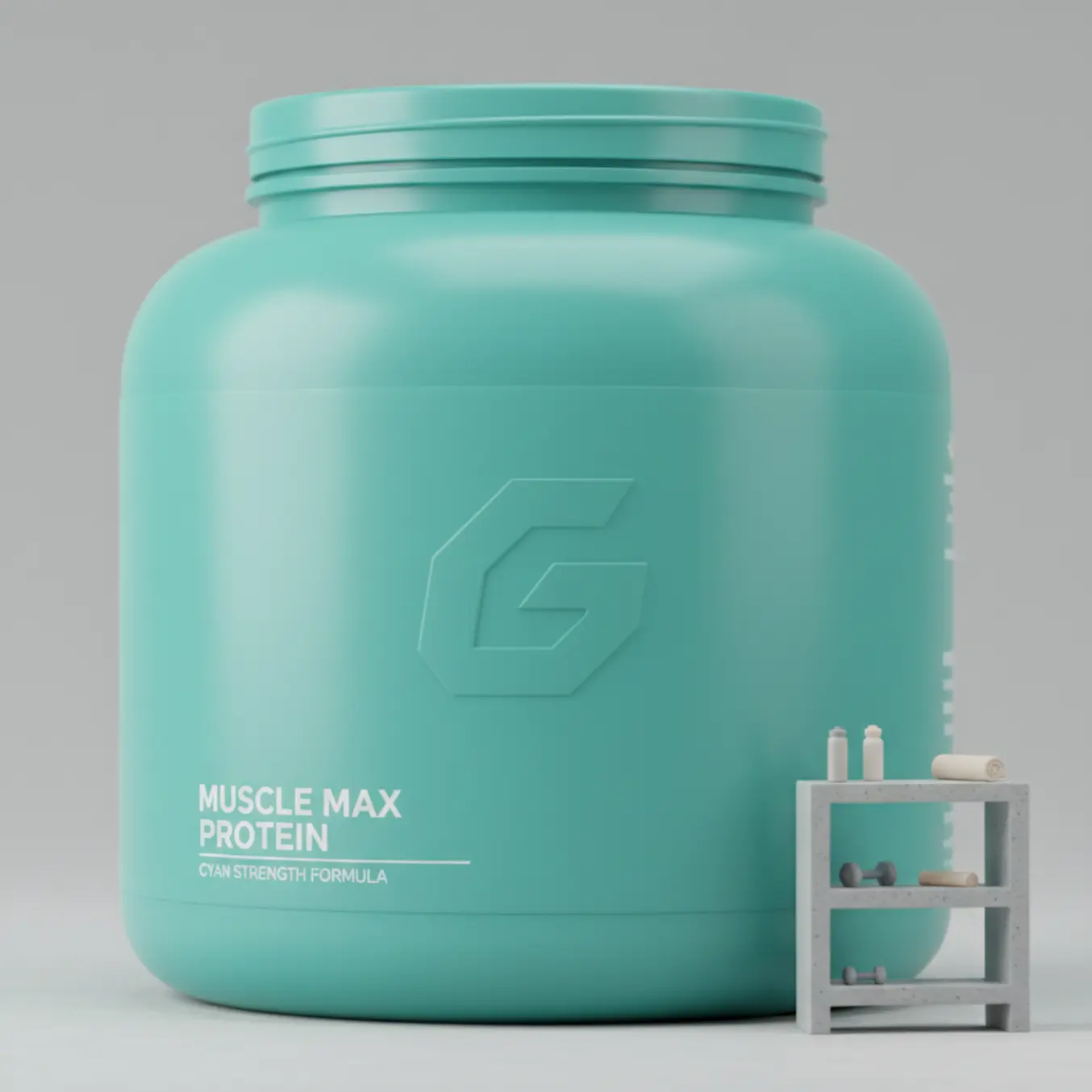 Pote gigante de suplemento 3D verde com fundo de prateleiras