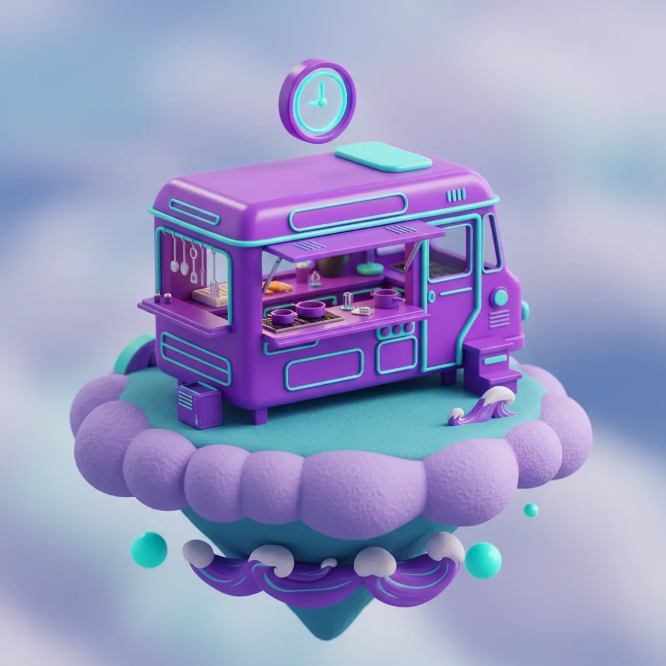 Diorama 3D de cozinha de marmitaria com relógio flutuante roxo.