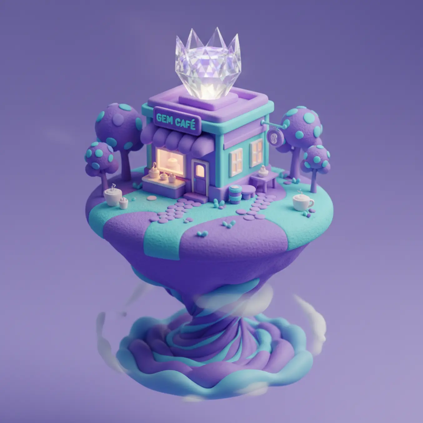 Miniatura 3D de cafeteria elegante com ícone de coroa diamante.