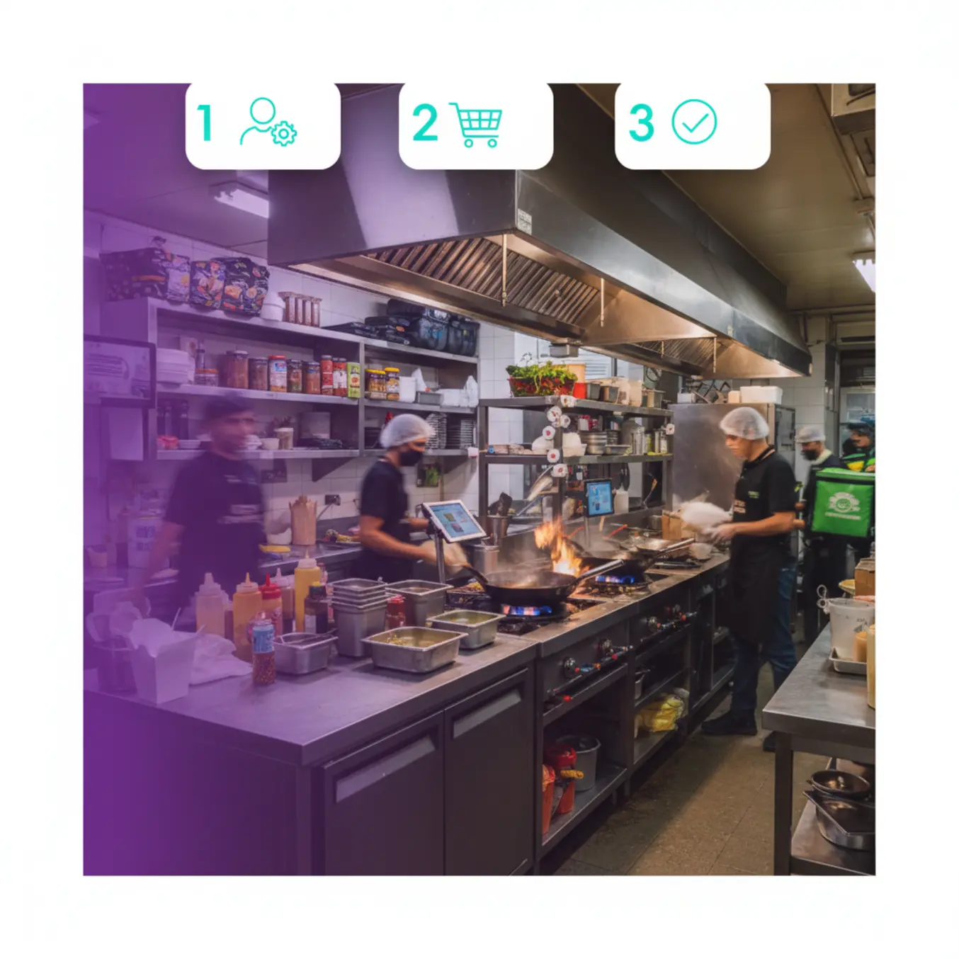 Cozinha de delivery movimentada com gráfico de 3 passos para fidelização