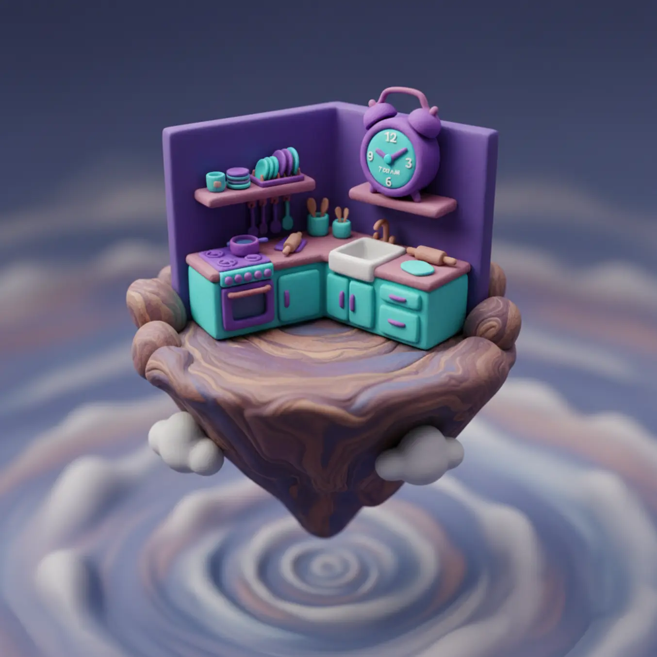Diorama 3D de cozinha com relógio sobre ilha flutuante roxa