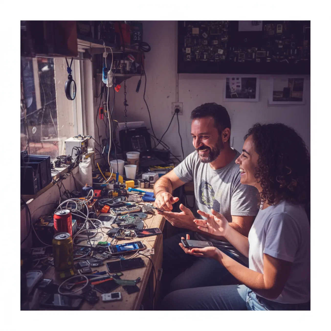 Cliente e dono conversando no balcão de uma assistência técnica movimentada